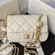 Chanel AS4868 Classic Flap Bag with Pearl Balls Chain in Lambskin White