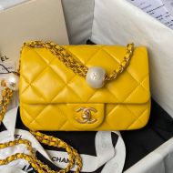 Chanel AS4868 Classic Flap Bag with Pearl Balls Chain in Lambskin Yellow