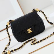 Chanel AS4946 Flap Shoulder Bag with Pearls Chain Strap in Lambskin Black
