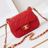 Chanel AS4946 Flap Shoulder Bag with Pearls Chain Strap in Lambskin Red