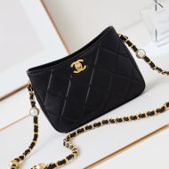Chanel AS4948 Shoulder Bag with Pearls Chain Strap in Lambskin Black