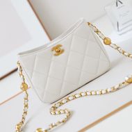 Chanel AS4948 Shoulder Bag with Pearls Chain Strap in Lambskin White