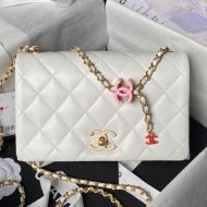 Chanel AS4967 Small Flap Shoulder Bag with CC Enamel Buckle in Shiny Lambskin White