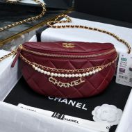 Chanel AS4991 Waist Bag with Pearls and Chanel Crystals in Shiny Lambskin Burgundy