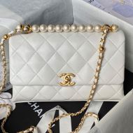Chanel AS4997 Flap Bag with Pearls Chain in Lambskin White