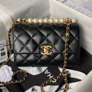 Chanel AS5001 Mini Flap Shoulder Bag with Pearls Handle in Lambskin Black