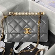 Chanel AS5001 Mini Flap Shoulder Bag with Pearls Handle in Lambskin Grey