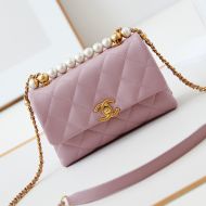 Chanel AS5001 Mini Flap Shoulder Bag with Pearls Handle in Lambskin Pink