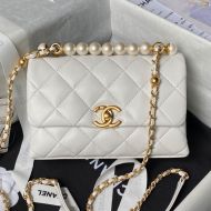 Chanel AS5001 Mini Flap Shoulder Bag with Pearls Handle in Lambskin White