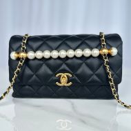 Chanel AS5002 Flap Shoulder Bag with Pearls Handle in Lambskin Black