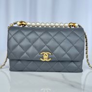 Chanel AS5002 Flap Shoulder Bag with Pearls Handle in Lambskin Grey