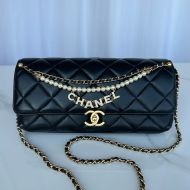 Chanel AS5018 Flap Shoulder Bag with Pearls and Chanel Crystals in Lambskin Black