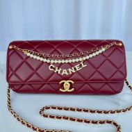 Chanel AS5018 Flap Shoulder Bag with Pearls and Chanel Crystals in Lambskin Burgundy