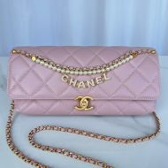Chanel AS5018 Flap Shoulder Bag with Pearls and Chanel Crystals in Lambskin Pink