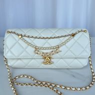 Chanel AS5018 Flap Shoulder Bag with Pearls and Chanel Crystals in Lambskin White
