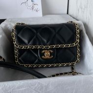Chanel AS5089 Flap Shoulder Bag with Chain Strap in Lambskin Black