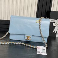 Chanel AS5180 Flap Crossbody Bag with Chain Strap in Grained Shiny Calfskin Light Blue