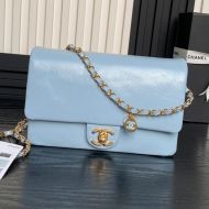 Chanel AS5186 Small Classic Flap Bag with Chain Strap in Grained Shiny Calfskin Blue