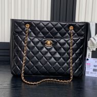 Chanel AS5192 Large Shopping Bag with Two Pockets in Shiny Lambskin Black