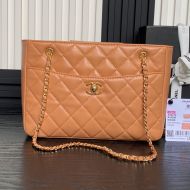 Chanel AS5215 Small Shopping Bag with Two Pockets in Shiny Lambskin Brown