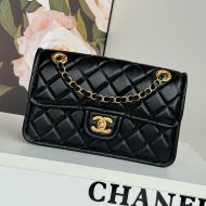 Chanel AS5225 Flap Bag with Quilted Logo in Shiny Calfskin Black