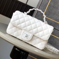 Chanel AS5243 Small Flap Handbag with Lacquered-Metal in Lambskin White