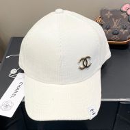 Chanel Baseball Cap with Metal Logo in Corduroy White