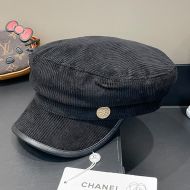 Chanel Military Cap with Logo Badge in Corduroy Black