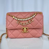 Chanel AS4986 Mini Flap Crossbody Bag with Pearls and Chanel Crystals in Shiny Lambskin Cherry
