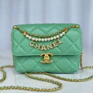 Chanel AS4986 Mini Flap Crossbody Bag with Pearls and Chanel Crystals in Shiny Lambskin Green