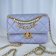 Chanel AS4986 Mini Flap Crossbody Bag with Pearls and Chanel Crystals in Shiny Lambskin Purple