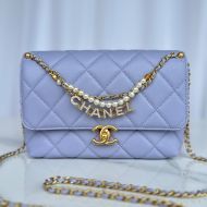 Chanel AS5011 Small Flap Crossbody Bag with Pearls and Chanel Crystals in Shiny Lambskin Purple