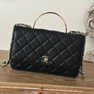 Chanel 66008 Clutch with Metal Enamel Handle in Grained Calfskin Black