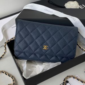 Chanel AP0250 Classic Wallet with Chain in Grained Calfskin Navy Blue