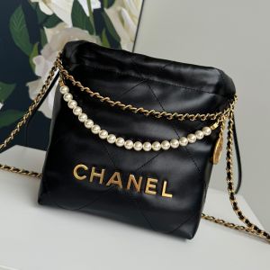 Chanel AS3980 22 Mini Handbag with Pearls Chain in Shiny Calfskin Black