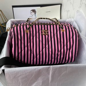 Chanel AS4696 Coco Beach Large Bowling Bag in Stripes Printed Fabric Pink