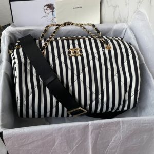 Chanel AS4696 Coco Beach Large Bowling Bag in Stripes Printed Fabric White