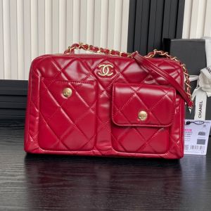 Chanel Bowling Bag with Two Pockets in Shiny Calfskin Red