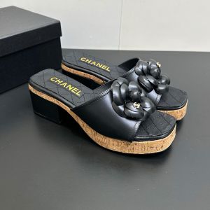 Chanel Camellia Platform Slides with CC Logo Women in Lambskin Black