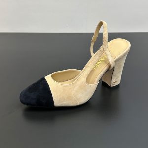 Chanel G45509 Slingback Pumps with CC Logo Women in Suede Camel/Black