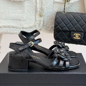 Chanel G46607 Camellia Sandals with CC Logo Women in Calfskin Black
