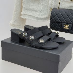 Chanel G46798 Slides with Enamel Logo Buttons Women in Grosgrain Black