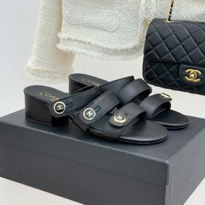 Chanel G46798 Slides with Enamel Logo Buttons Women in Lambskin Black