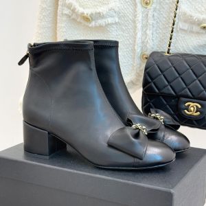Chanel G46816 Short Boots with Woven Chain Bow Women in Lambskin Black