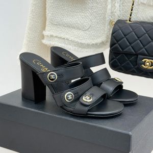 Chanel Heeled Slides with Enamel Logo Buttons Women in Lambskin Black