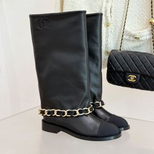 Chanel High Boots with Metal Chain Women in Lambskin and Grosgrain Black