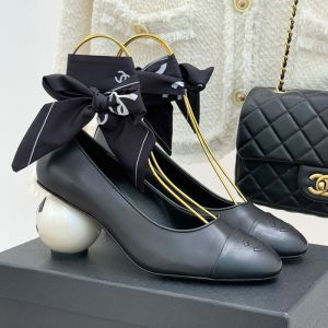 Chanel Mary Janes Pumps with Silk Satin Scarves Women in Lambskin Black