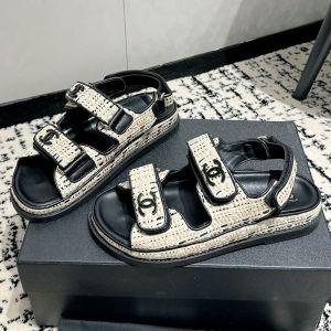 Chanel Platform Sandals with Velcro Strap Women Woven and Calfskin Beige