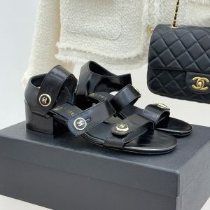 Chanel Sandals with Enamel Logo Buttons Women in Shiny Calfskin Black