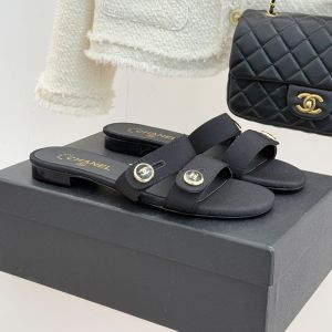 Chanel Slides with Enamel Logo Buttons Women in Grosgrain Black